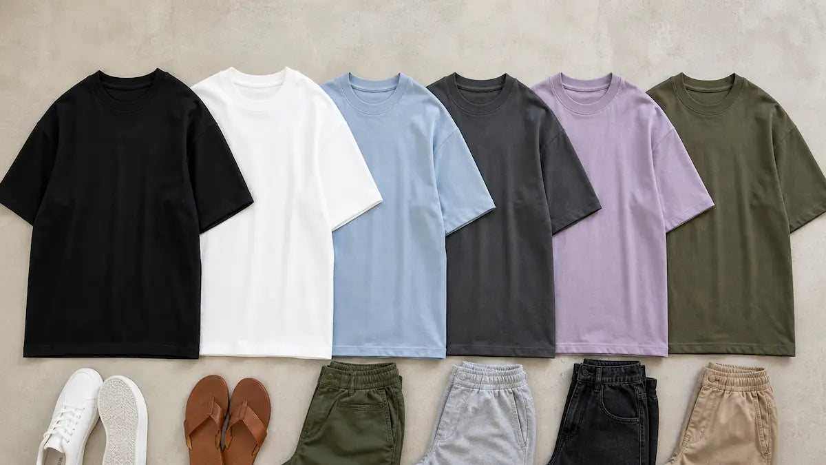 10 oversized T-shirt outfit ideas for men India 2026 — all six colours by Essential Basics from ₹599