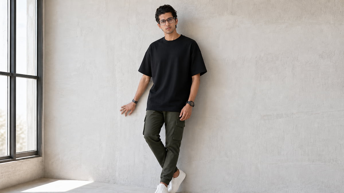 Oversized T-shirt size guide India 2025 — shoulder drop fit guide for Indian men by Essential Basics