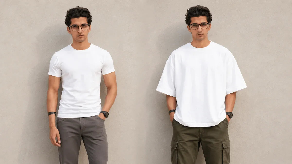 Oversized vs regular fit T-shirt comparison for Indian body types — boxy oversized cut vs slim regular fit by Essential Basics
